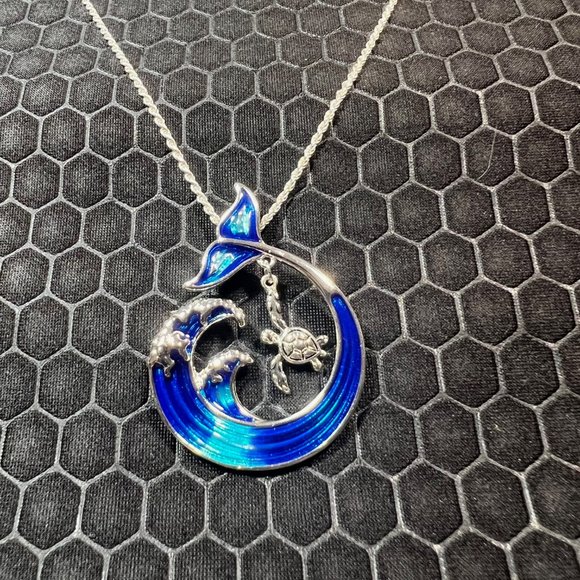 Wave and Turtle Necklace Blue and Silver-18K White Gold Plated - Picture 1 of 1